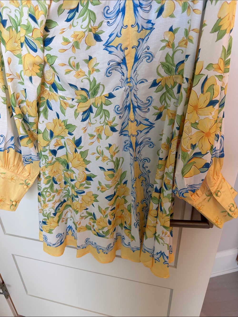 Yellow Floral Mini Dress with Blue Accents - Picture 5 of 5